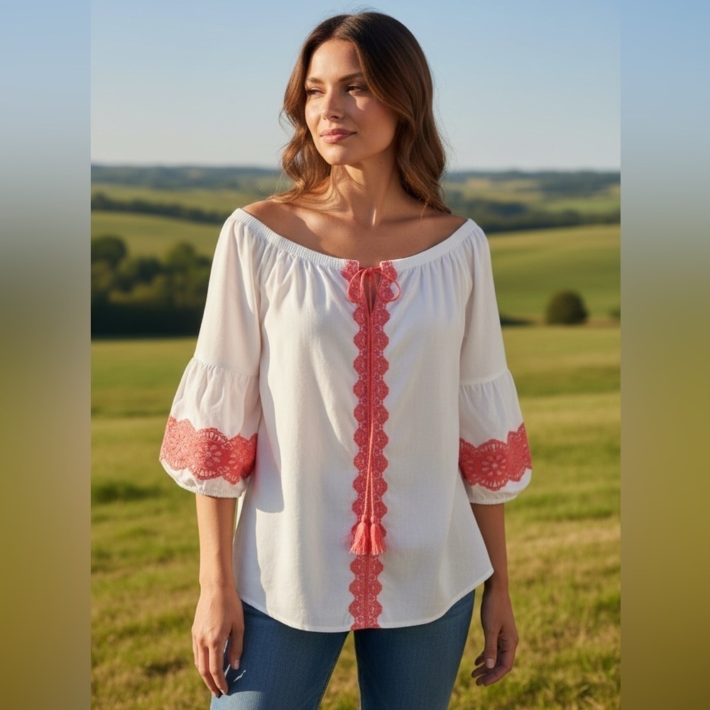 HAYDEN L.A. BOHO WHITE ORANGE EYELET PUFFED SLEEVE SUMMER BLOUSE SZ LARGE NWT